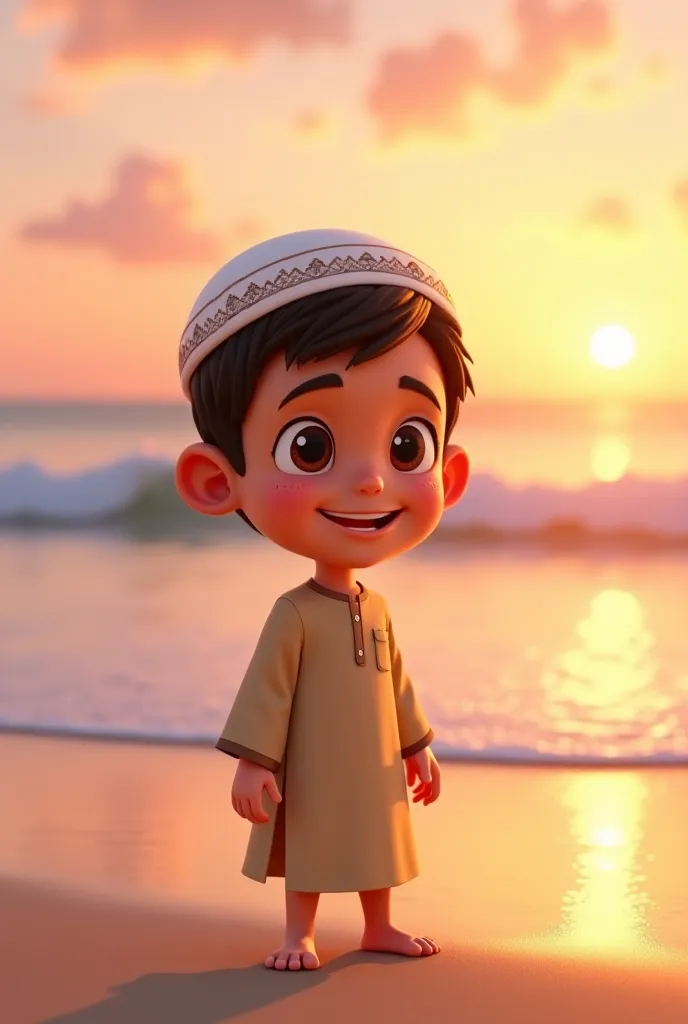 Playing Near the Ocean Shore at Sunset**  
*"A 3D Pixar-style cartoon boy with large brown eyes, short dark brown hair, and a round face stands barefoot on the soft sand of a tranquil beach at sunset. He wears a beige thobe with a small chest pocket and a ...