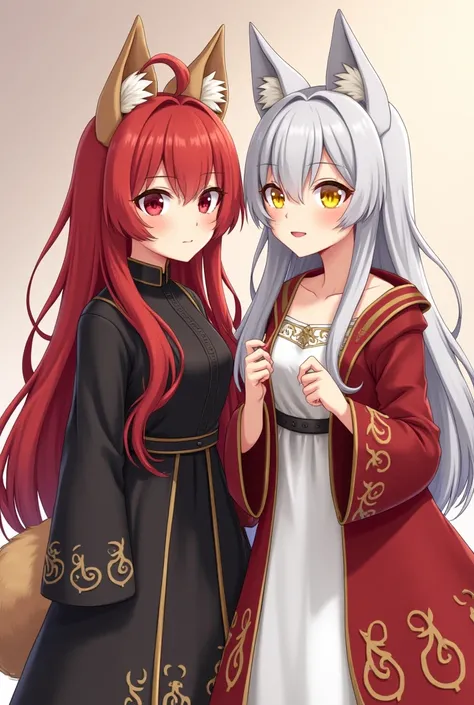  two girls , iris и Cheese ,  Anime style , same growth.
iris: long red hair, warm beige leather,  wolf ears and tail , eye color red , wears black or sometimes white clothes.

Cheese: long white hair, grayish black leather, Yellow glowing eyes, wears a re...