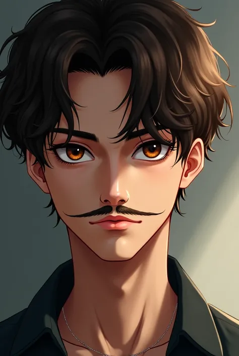 22 year old boy, Low wavy hair, brown eyes, negro , anime,  thin mustache, hunter's gaze 