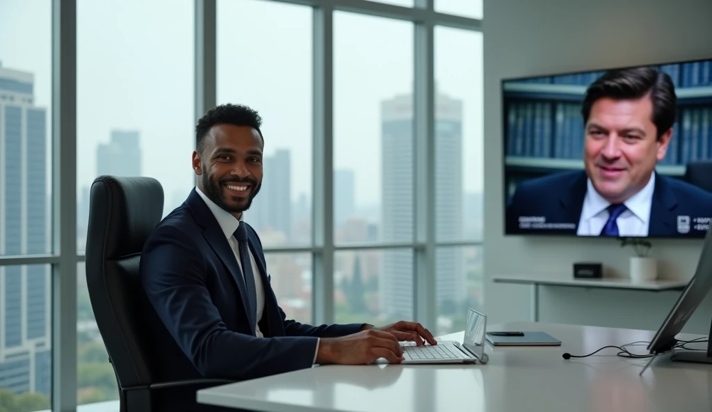 "In a clean, modern office, David, now a successful entrepreneur, is seated at his desk, working with confidence. He is dressed in a sharp suit, with an expression of pride and contentment. Behind him, a large window shows the city skyline, symbolizing his...