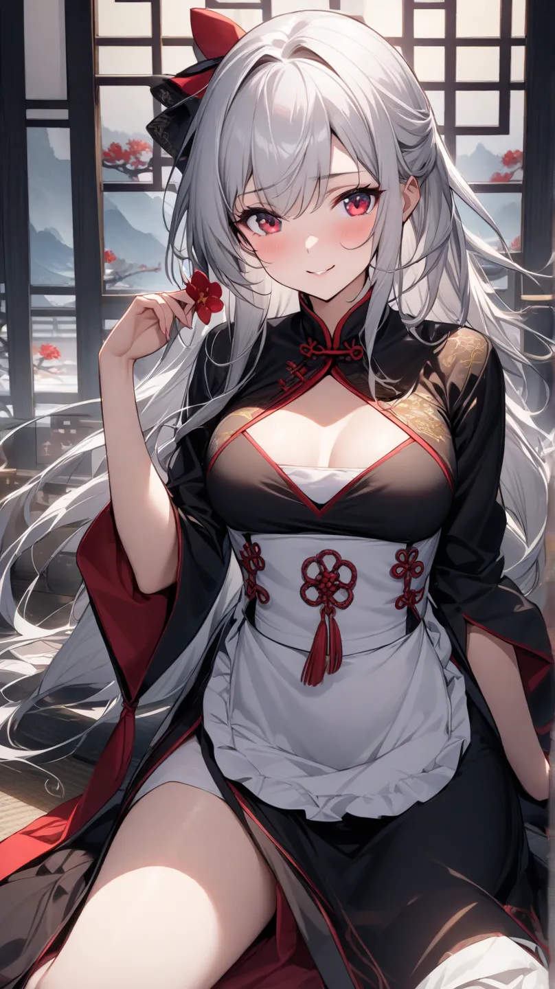 (Best Quality, ), beautiful woman (Scarlet Eyes), elements.well-groomed face、shy expression、 Silver Hair、 scarlet eyes、 Smile(holding a bow)、Ultra High Definition, girl in black Chinese clothes、綺麗な桜のwind景、solo, 1 girl, chest, A flower that flutters softly、...