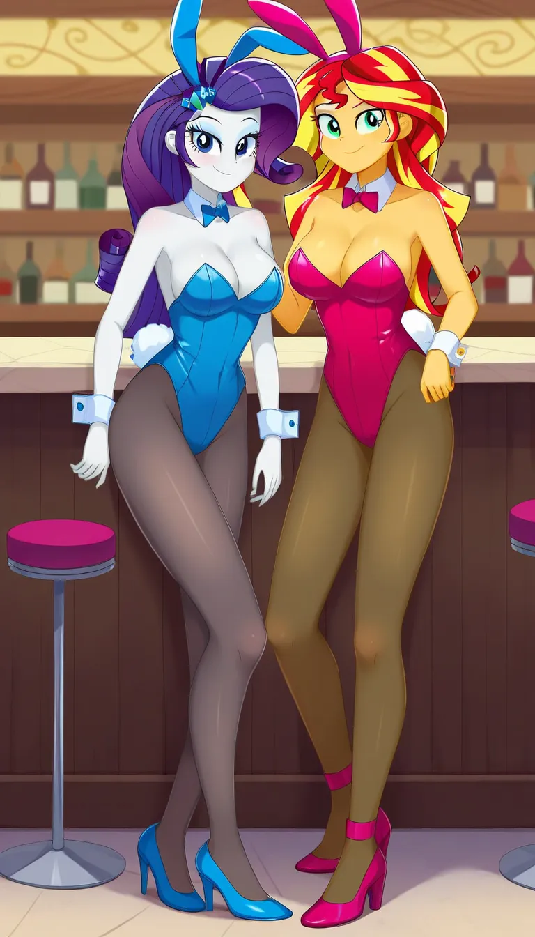 safe_pos, score_9, score_8_up, score_7_up BREAK sunset shimmer, rarity, duo, 2 girls, human, equestria girls, 1 girl, g4, BREAK large breasts, BREAK looking at you, inside of a bar, full body view, bunny suit , playboy bunny ears, high heels, leotard, look...