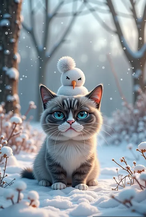 snowy garden 、Grumpy cat wearing a snowman hat、cute expression、Digital Art、 photos、4K、HDR、Ultra High Definition、realistic、Precise painting 、Professional、bright colors、Bokeh