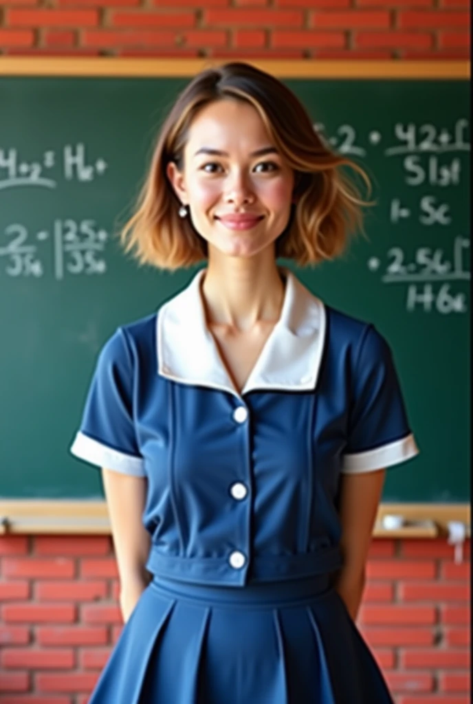 Beautiful, very tall woman with light brown hair short at her shoulders dressed in a blue and white school uniform and standing facing the camera and in the background is a red brick wall with a dark green blackboard with math writing on it she looks full ...