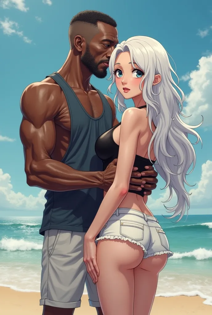 black african man, wrinkled , skinny ,tramp clothes, squeezing the ass of a beautiful anime woman, bright white skin , black tank top,  white shorts, White hair, flashy pussy, big breasts, nipples out