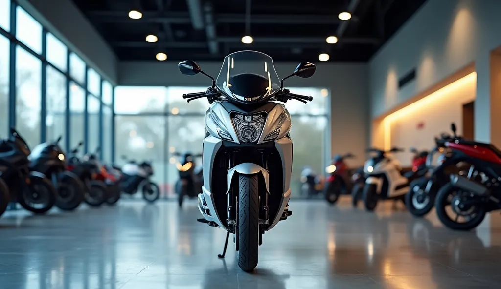 "2025 TVS Star City Plus in Silver displayed at the front of a sleek, modern bike showroom, with large glass windows revealing a well-lit, spacious interior. The bike stands prominently in the center, with clean lines, polished surfaces, and ambient lighti...