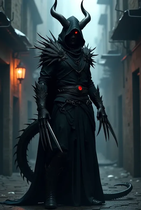 Assassin with daggers and tail and dragon horns and red eyes