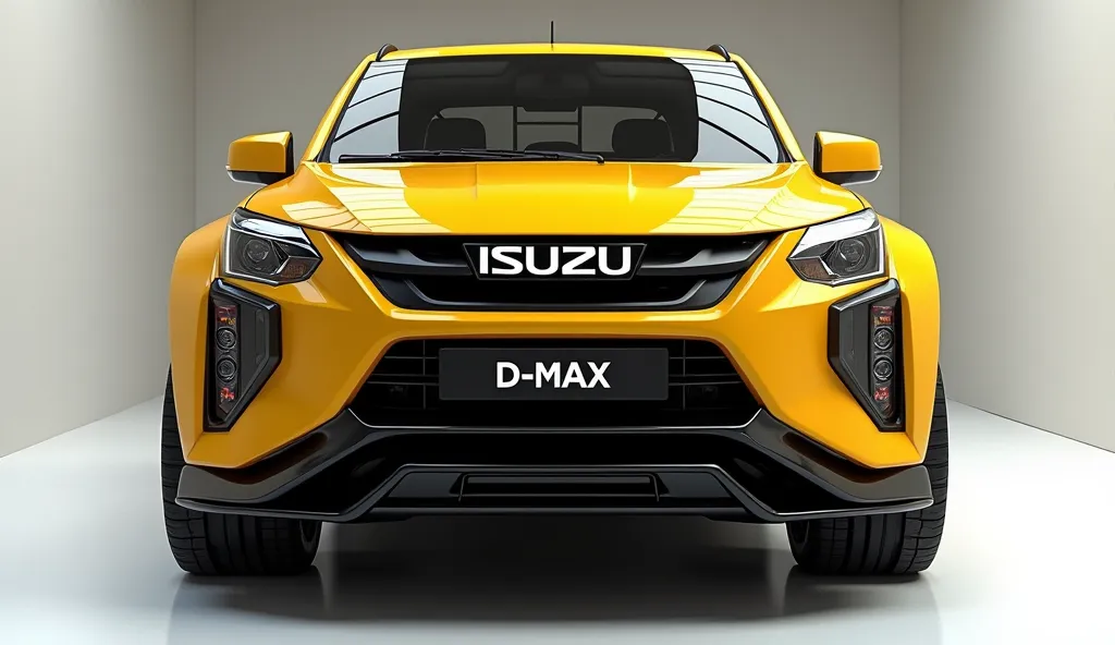 create an ultra-detailed 3D render  (close full front view, )of a modern "(2025 Isuzu D-Max) with a bold designy  looking long like limousine captured from (front) The car should feature a 'Gleamy oily (sunlight Yellow)' color and black accents with a ' (I...