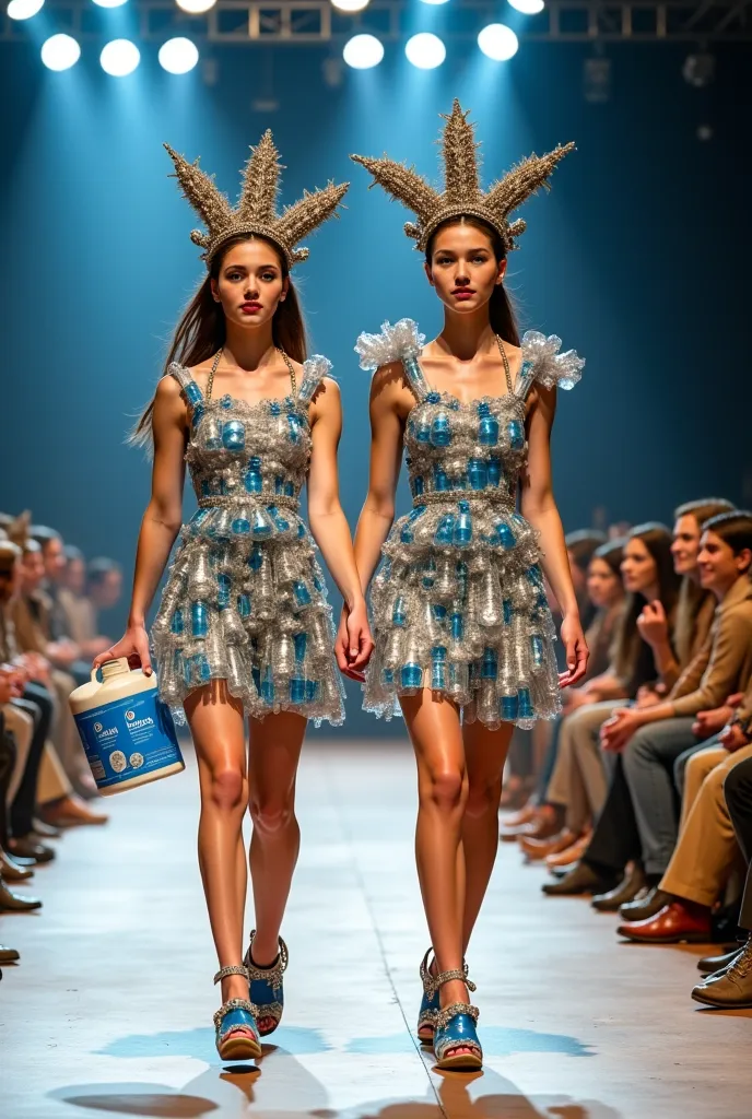 A surreal and humorous fashion show scene featuring two young women confidently walking down the runway, wearing extravagant dresses made entirely from recycled materials like plastic bottles, aluminum cans, and old newspapers. One of them carries a large ...