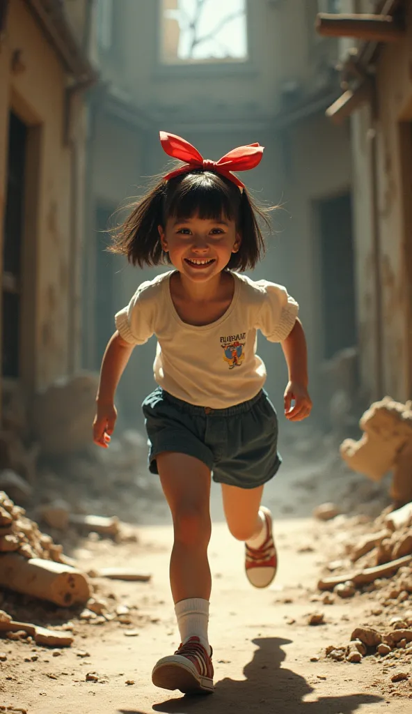  boy running in abandoned house1girl, High Resolution, Short Hair, Large breasts, Smile, Wide Shot, Wide Shot, Hair Bow, Motion Lines, American Propaganda Poster, 