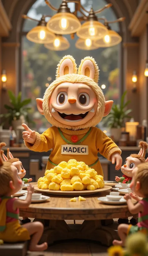 Labubu (wearing "MADECI" outfit) excitedly pointing at a large yellow sponge sitting on the dining table. His big eyes sparkle with an idea. The worker ants look up at the sponge in awe. Bright and warm lighting.