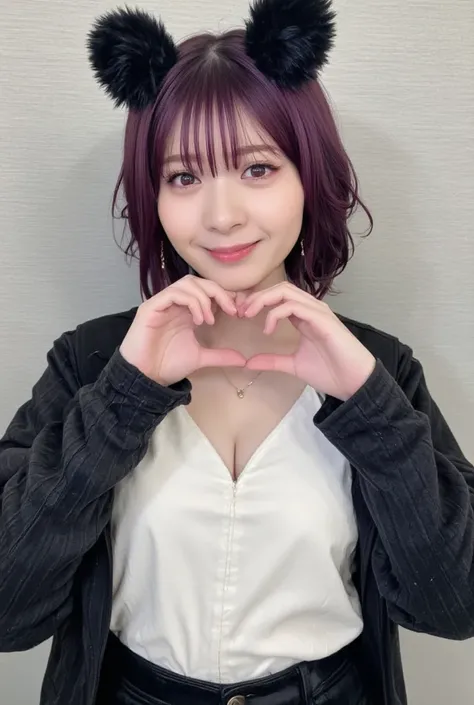 Only a woman with a cute smile is wearing cute clothes, makes a big heart shape with both hands, and poses them in front of her chest, Look above the collarbone、 Monochrome background  ,Kafka, female, purple hair, pink eyes, white top, black jacket,


