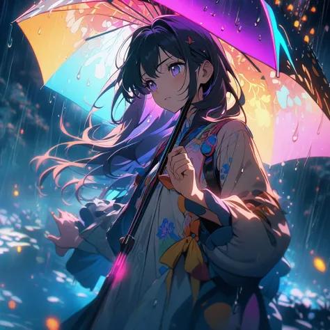 rain with you, anime style, high quality, detailed anime character, young woman with an umbrella, standing in the rain, raindrops, cinematic composition, vibrant colors,4k