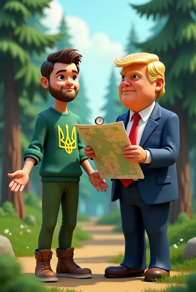 Zelensky is wearing a green raglan , which bears the coat of arms of Ukraine. He is wearing green pants and brown sneakers. The action takes place in a pine and spruce forest. He is holding his arms outstretched. Compass in hand. His mouth is slightly open...