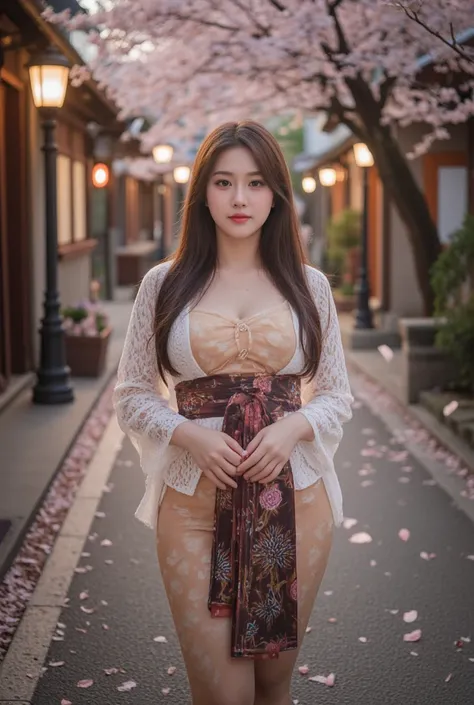 A beautiful Korean girl, slightly chubby. Big  breasts and big ass,Night  street in japan village ,chery blossom trees 