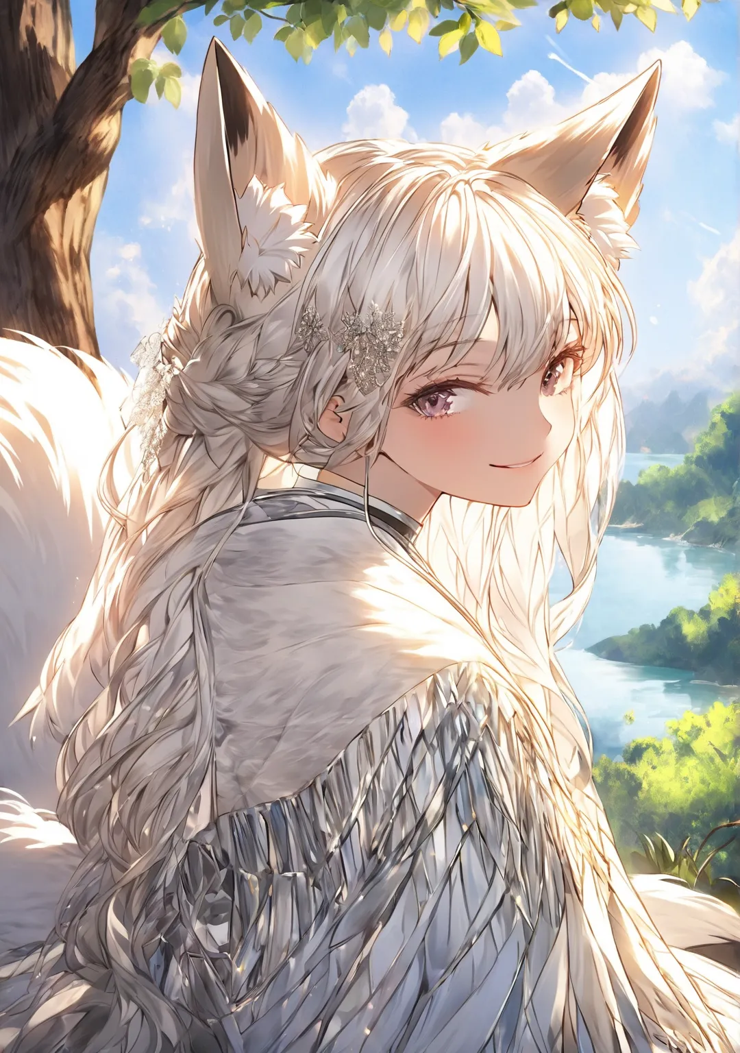 Potrait of a half fox white long white hair anime woman wearing fantasy outfit sitting and smile while playing his tail with nature background