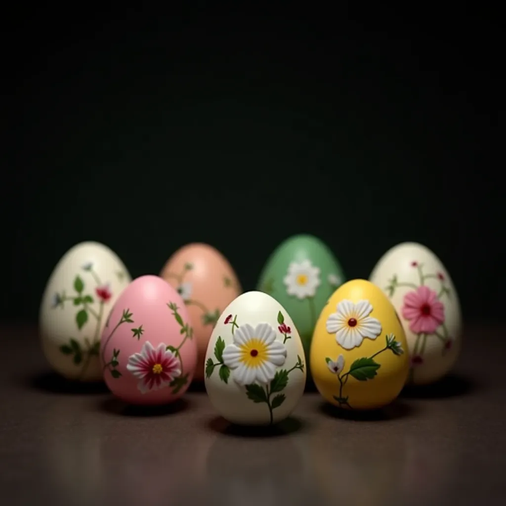 "Set of  6 beautifully decorated Easter eggs featuring vintage floral motifs, jasmine , in vivid colors like pink,  and yellow, dark background." distance  to the edges