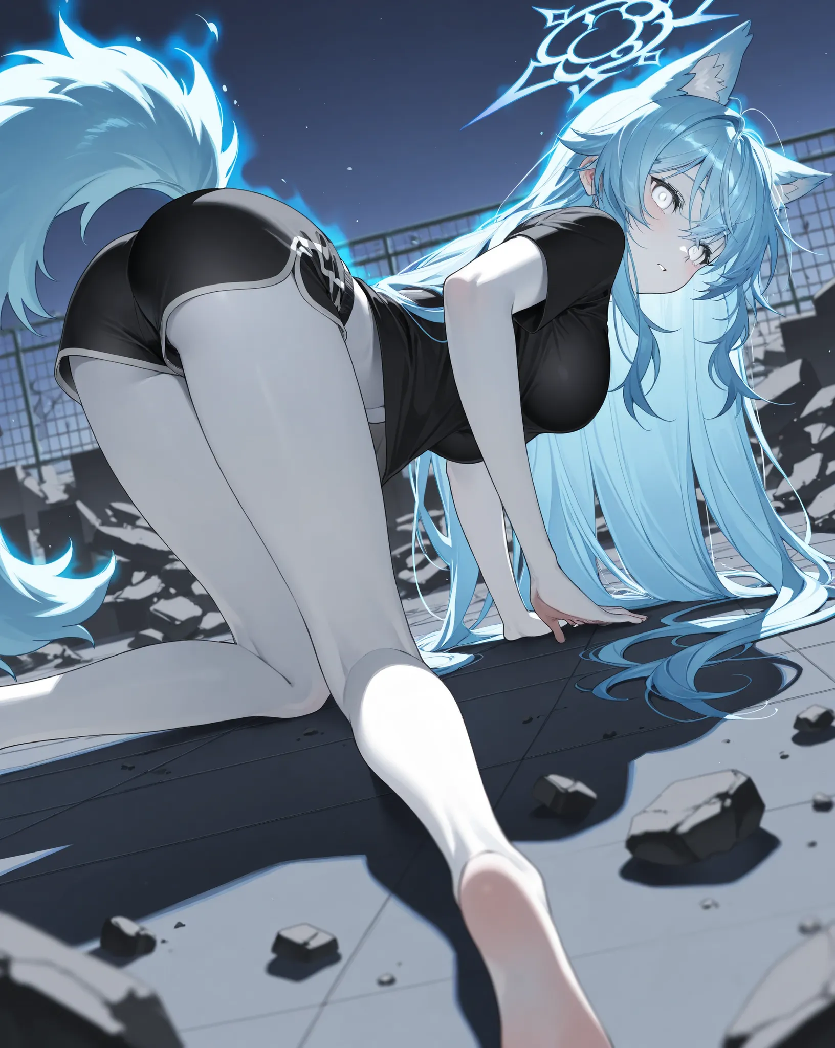 best image quality、Hi-Res、 diamond blue hair 、white eyes、、rooftop、  BLACK HIM T-SHIRT 、beautiful breasts、  best thighs、Blue aura、 long hair、best image quality、floating rubble、black shorts、 white skin、 the royal family、、Straight face、Waking up、Bedhead、 blac...