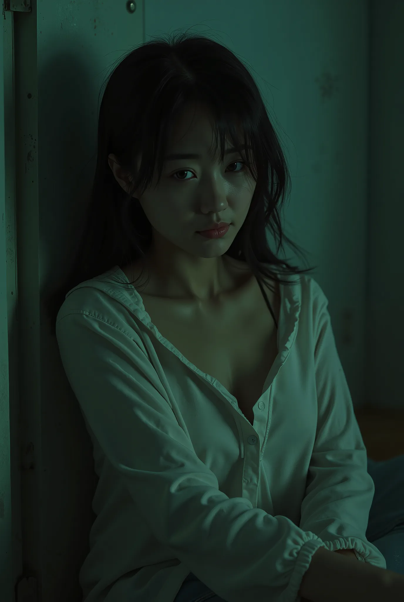 masterpiece, 8k,  photorealistic, beautiful Japanese abducted woman in casual clothes