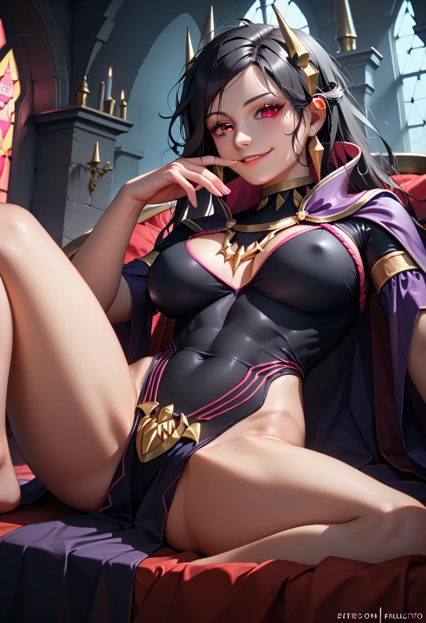 1girls:1.2, RobinRearm, very long black messy hair, red eyes, official alternate costume, long black hair, red eyes, hair ornament, black bodysuit, big large breasts, bridal gautlets, cape, covered navel, evil smug, vicious, sexy, post-apocalypse, late nig...