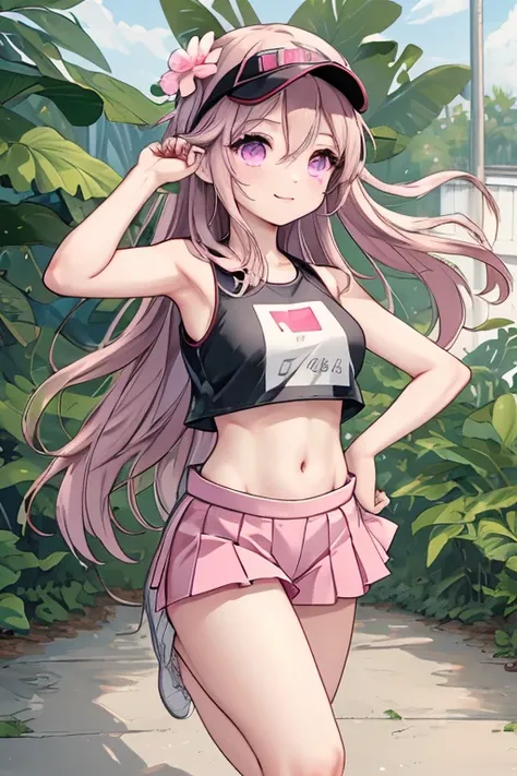  an anime girl,  Pink Eyes, long dark brown hair ,  pink sportswear, good face, cute body, big arms and legs, pleated pink skirt, pink sports skirt, ((Black fitted short top )), Square black sleeveless fitted compression top, ((small white sneakers)), smal...