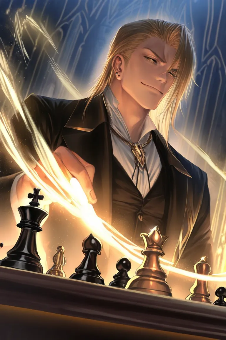 ((best quality)), ((masterpiece)), (detailed), handsome man, semi realistic anime style, landscape, illustration, half body, handsome, golden blonde middle part hair, piercing gold eyes, calm demeanor, sinister smile, fantasy theme, Elegant black and gold ...