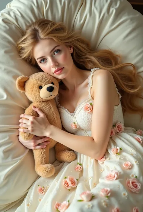 A blonde realistic woman model long wavy hair wearing a long broderie with roses dress . She is laying in a white creame old vintage dress she is holding a teddy bear