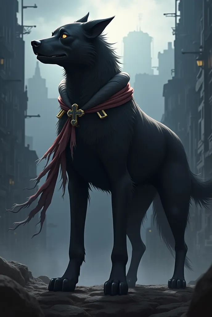 Create me a wallpaper inspired by Attack on the Titans where Captain Levi appears but as if he were a black dog