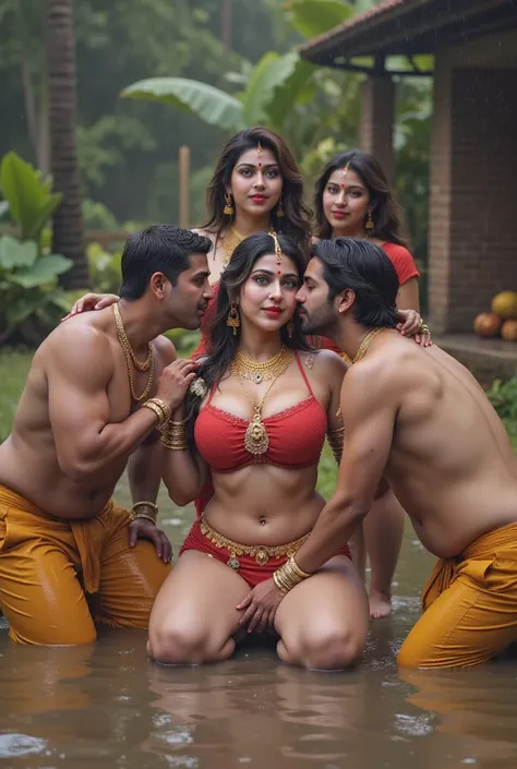 Four aged muslim men and king Ravan hugging and kissing  horny fully naked durga maa wearing sexy transpat micro bikini, thick thighs big big hips , showing naked thighs and buttock. She is wearing sindur and carrying trisul and sitting on her knees. Lord ...