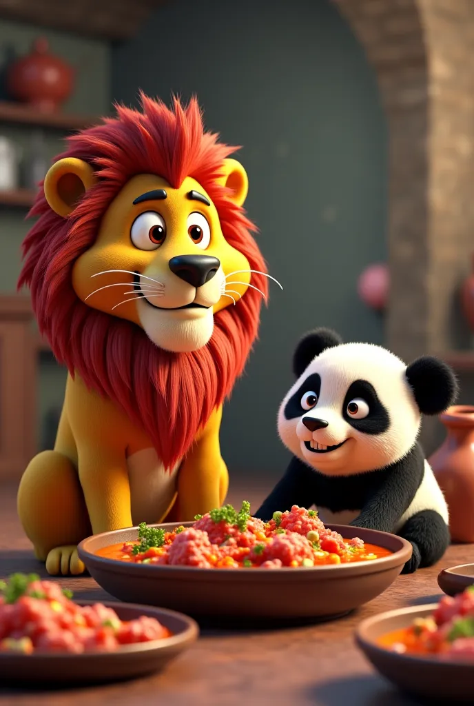 Lion and Panda eating fish meat Karahi 3d amination 