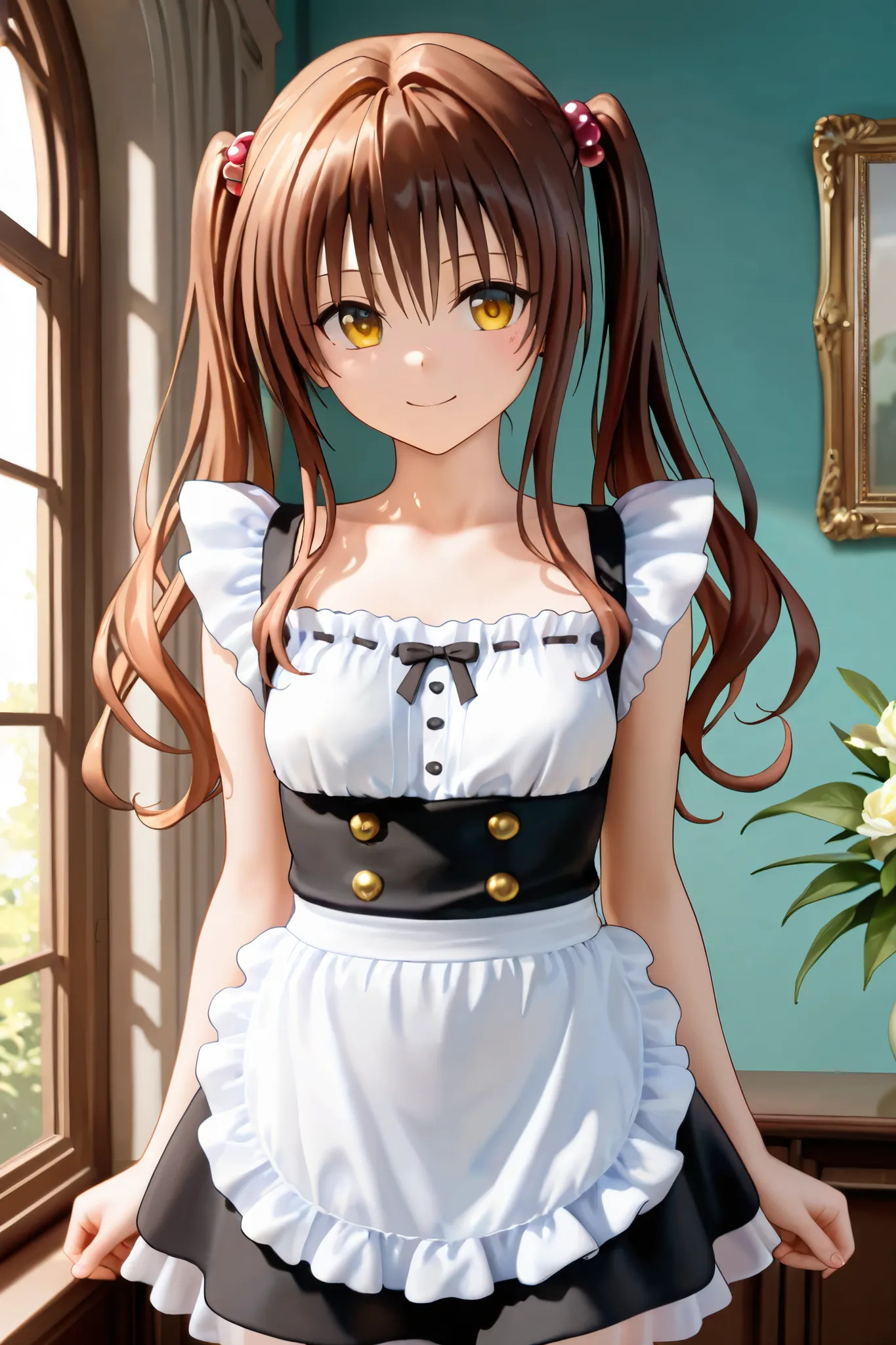 NSFW,masterpiece,Best Quality,Hi-Res,very detailed,Yuuki Mikan\(ToLOVEru),brown hair、long hair、yellow eyes、hair ornaments close to the garden、Hair ties,maid clothes,crop top,miniskirt, luxury mansion