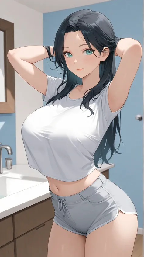 masterpiece, extremely detailed,4k,solo,1girl,adult ,((fullbody)), xianyun,arms behind head,,slim body, sexy legs,perfect body,perfect skin texture,large breasts,housewife,grey short pants,white tshirt,pink niplples, soft light, high detailed, best quality...