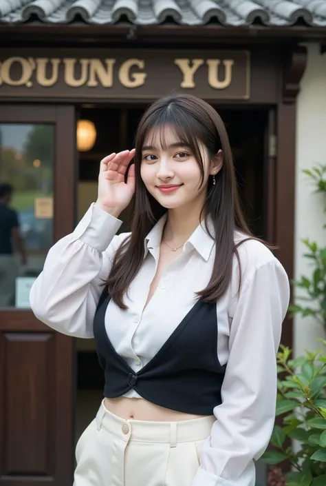 "A young woman stands in front of a small café with a sign that reads 'YOUNG YU'. She is wearing a white shirt layered with a cropped black sweater and white pants. Her long hair is tied to one side. She has a gentle smile with her eyes closed, and one han...