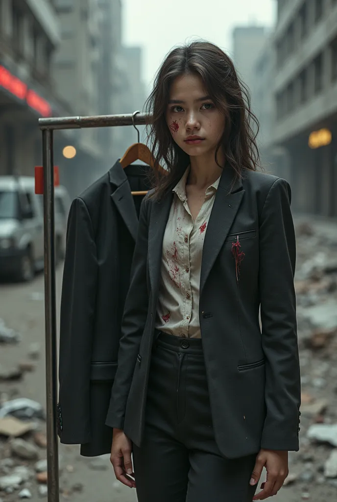 A wounded girl in an expensive suit, next to a suit hanger, and in the background a destroyed street as if from military operations