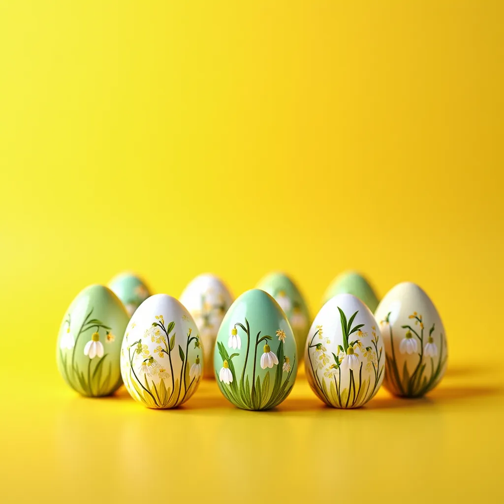 "Set of 9  beautifully decorated Easter eggs featuring vintage floral motifs of SNOWDROPS, in vivid colors like PALE  GREEN , and yellow, yellow background."