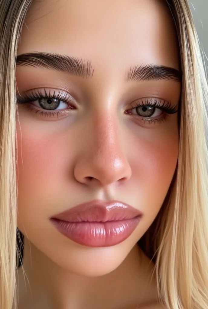 A close-up, face-only shot of a 18 year old european girl, blonde hair, , looking directly at the camera. (closed mouth)  Features should be soft and approachable, with a slightly upturned gaze. Skin is flawless and naturally illuminated."