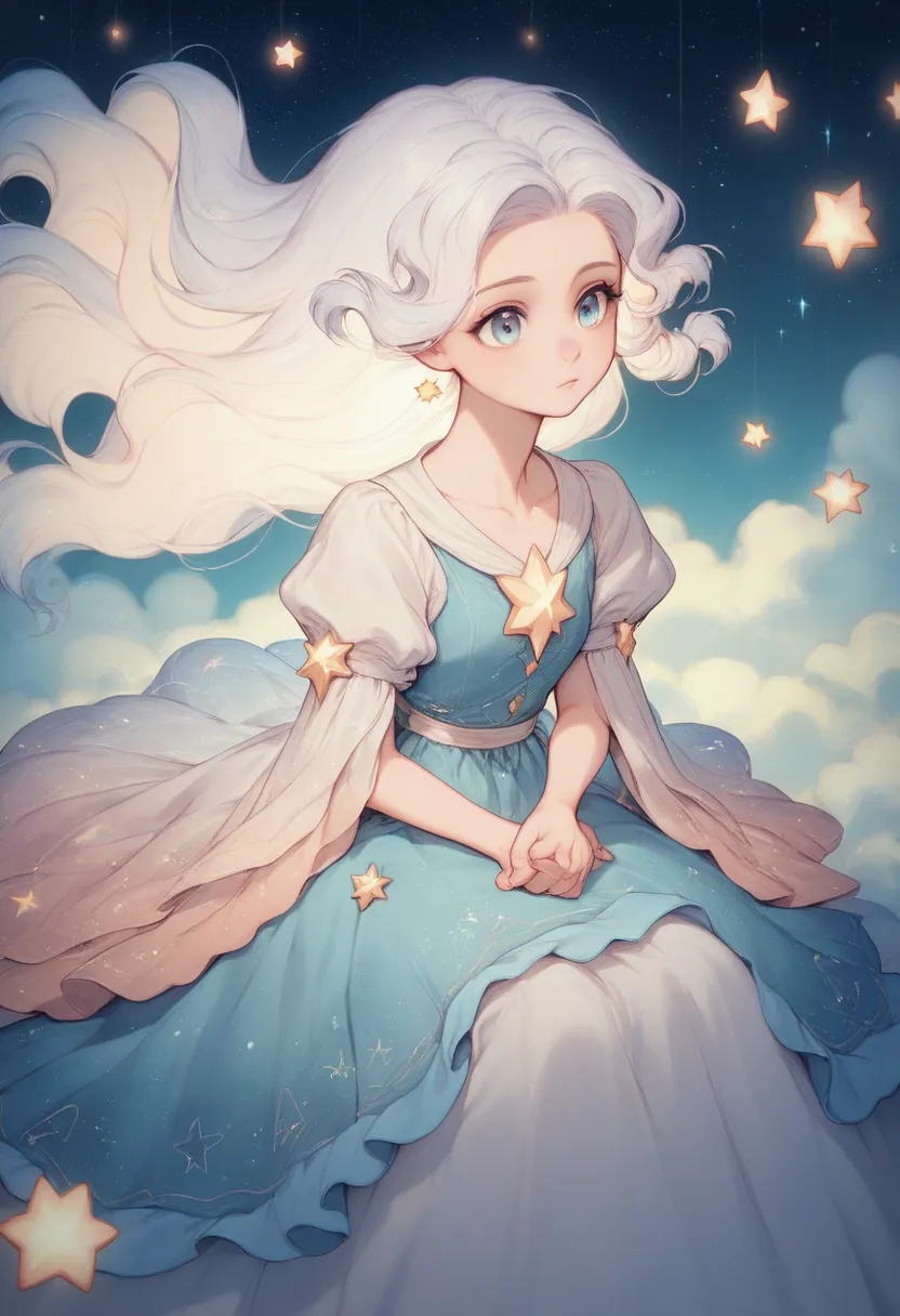 "AnimeArtsDreamy, girl with silver hair, sitting on a floating cloud, gazing at a sky full of twinkling stars. Soft glow, pastel colors, ethereal atmosphere, dreamy lighting, gentle wind blowing through her hair, wearing a flowing celestial dress with tiny...