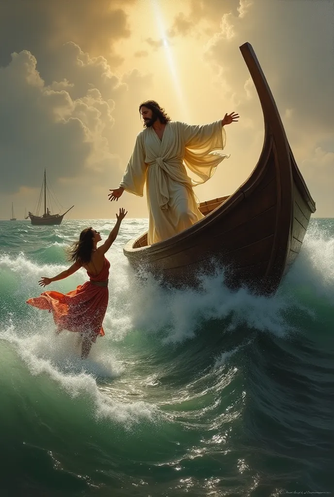 Jesus Christ,  on a boat, Saving , A woman who fell into the water 