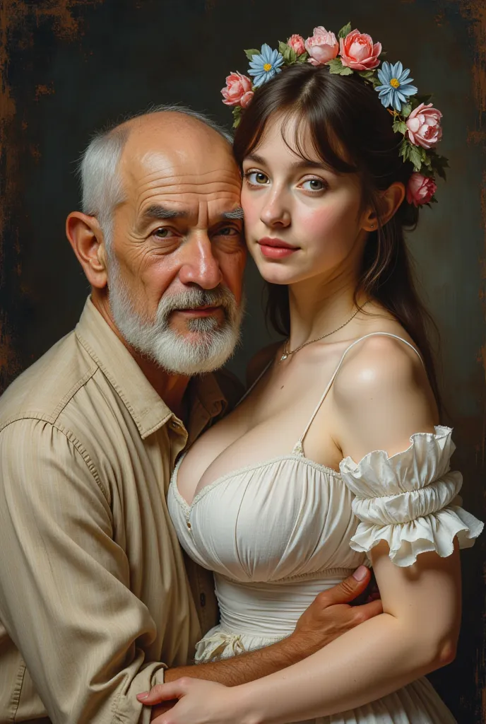 masterpiece，A work that looks like a masterpiece、Impressionism 、Renoir， European style, Looking at the camera, beautiful young girl big breastsLooking at the camera, beautiful young girl big breasts, blue eyes, girl Large neckline, billie eilish face, 1old...