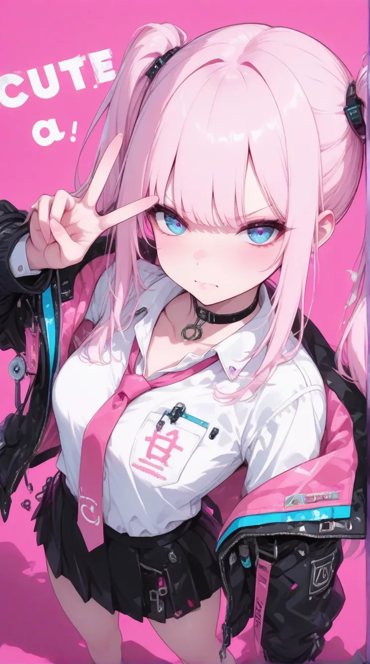 peace sign,( high angle), long hair, pink , twin tails, blue eyes, cute, angry face, kind, unbalanced white cutter shirt, pink tie , black choker, wear a black jacket,Black checked mini skirt, the background is dark ,Pink Light, neon color