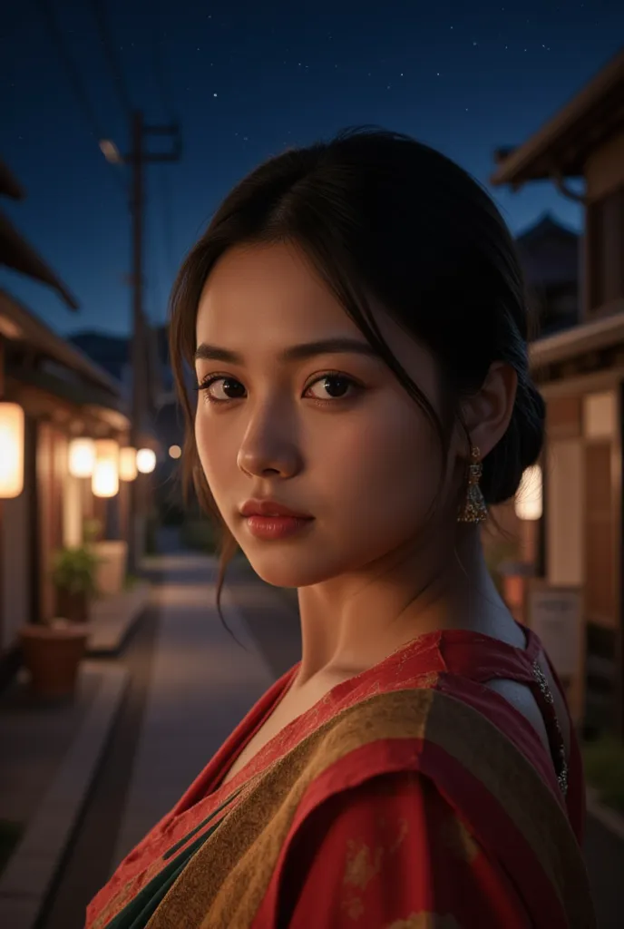  Close-up, A beautiful india girl, slightly chubby. Night  street in japan village 