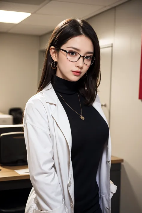 masterpiece, best quality, black hair, glasses, necklace, earrings, red sweater, turtleneck, labcoat, black miniskirt, large breasts, upper body, looking at viewer, doctor's office, smile, mischievous