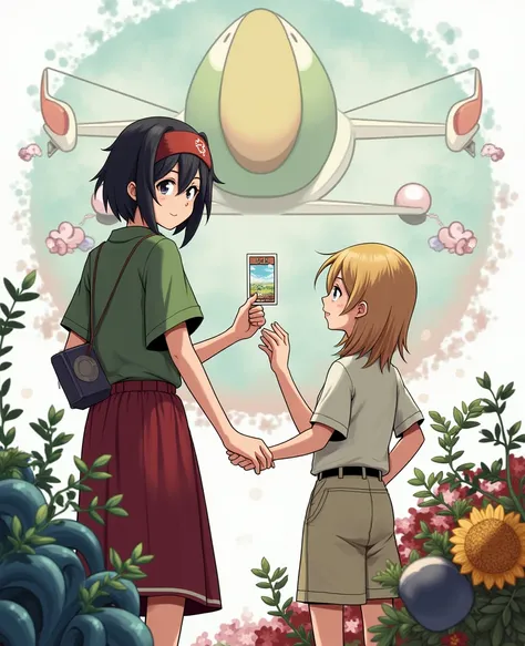 All 2 characters in the picture stand to the left, 1 person to the right, with one hand joined in the middle and the other hand holding the van card, giving the sky background, where one of the characters is