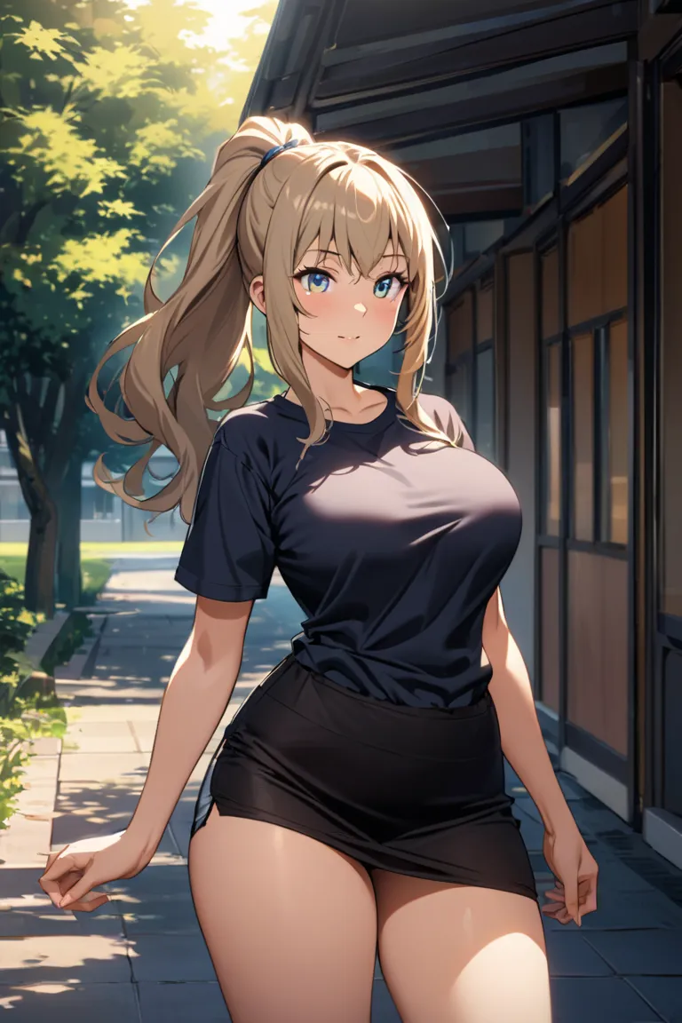 high resolution, Female, Gail Girl , big breasts, big ass,  ponytail, student shirt,  Black miniskirt , Standing on the school walkway