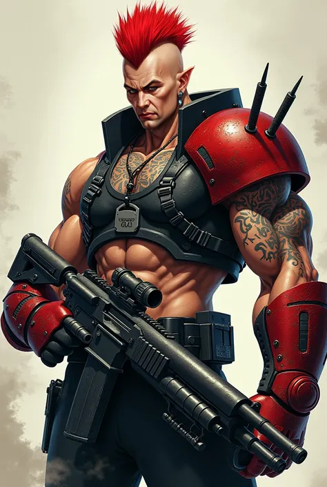 Best Quality, textured skin,Fine Details Skinhead Man,Hahaha,red mohawk cutter, Muscular Thick and Tough Body,Jet Black and Crimson Machine Armor,earrings,Intimidating, blank stare,goblin,anime,Dog Tags,warrior maiden tattoo,pointed ears, machine gun