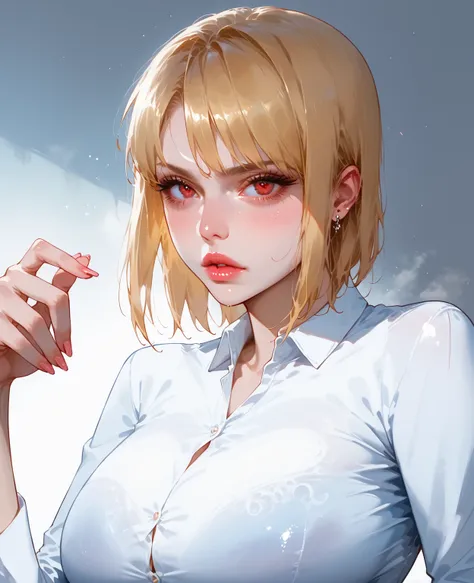 Masterpiece, realistic facial portrait, score_9, score_8_up, score_7_up, source_anime, Intellectual Cool Beauty, (Very Long hair: 1.4), straight short hair, golden blonde hair, pale skin, Lustrous Face, flushed cheeks, Compensating, piercing red Eyes, deta...