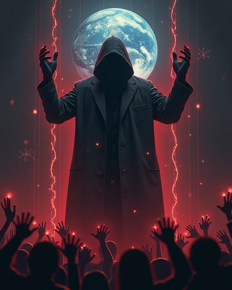 A dark and dramatic tifo design depicting a giant scientist figure i resembling a puppet master. The scientist is holding strings attached to a floating Earth, manipulating it like a marionette. Below, countless shadowy hands of desperate people reach up, ...