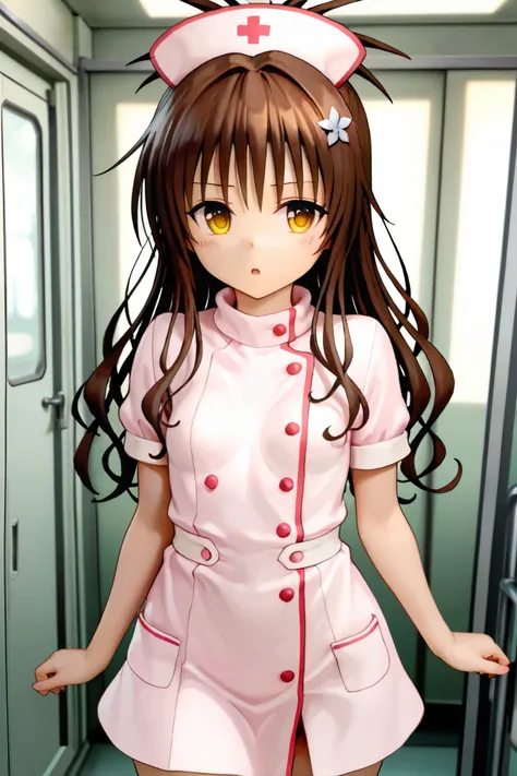 NSFW,masterpiece,Best Quality,Hi-Res,very detailed,Yuuki Mikan\(ToLOVEru),brown hair、long hair、yellow eyes、hair ornaments close to the garden、Hair ties,nurse clothes,Nurse,hospital,Hospital room