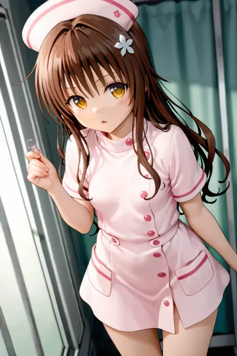 NSFW,masterpiece,Best Quality,Hi-Res,very detailed,Yuuki Mikan\(ToLOVEru),brown hair、long hair、yellow eyes、hair ornaments close to the garden、Hair ties,nurse clothes,Nurse,hospital,Hospital room