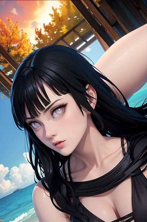 Hanabi from naruto, ultra realistic, age 28, white skin, white pupils, black long bangs, long hair between eyes, perfect face, perfect shape body, huge spherical breasts, nsfw, 3d, 8k hdr, posing to viewer, high detailed art